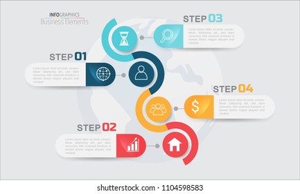 Infographic business design vector template and marketing icons, Process chart. Can be used for business presentation, web design, annual report. Business banner with 5 steps or option on earth map.