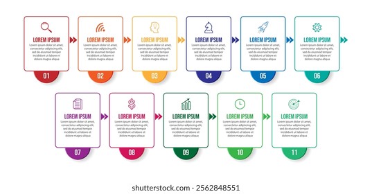 infographic business design for your presentation with 11 sections containing icons, numbers, directions and colors