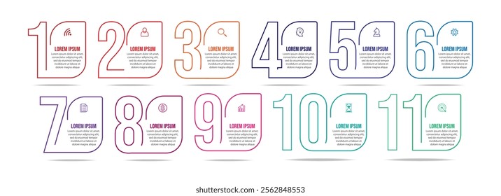 infographic business design for your presentation with 11 sections containing icons, numbers, directions and colors