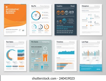 Infographic business elements and vector design illustrations. Use in website, corporate brochure, advertising and marketing. Pie charts, line graphs, bar graphs and timelines.