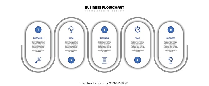 Infographic business flowchart design with 5 steps with icon symbols for the steps. Modern design for presentations and business media. EPS vector illustration.