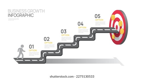 Plantilla de diagrama de crecimiento de negocio de Infografía para Target de negocios. Modern Timeline 5 step, datos de marketing, infografías de vector de presentación.