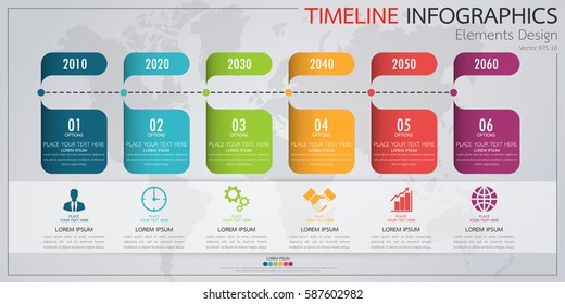Infographic business horizontal timeline process chart template. Vector modern banner used for presentation and workflow layout diagram, web design. Abstract elements of graph 6 steps options.