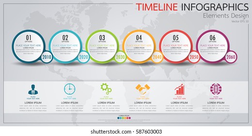 Plantilla de organigrama de la escala de tiempo horizontal de la empresa de información. Banner moderno vectorial utilizado para el diseño de presentación y flujo de trabajo, diseño web. Elementos abstractos de las opciones de pasos del gráfico 6.