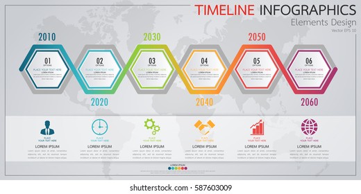 Infographic business horizontal timeline process chart template. Vector modern banner used for presentation and workflow layout diagram, web design. Abstract elements of graph 6 steps options.
