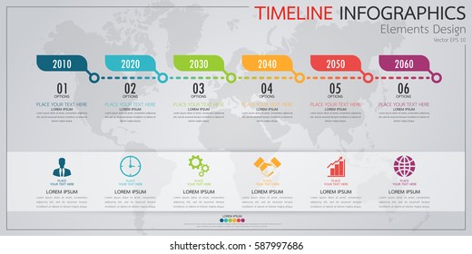 Infographic business horizontal timeline process chart template. Vector modern banner used for presentation and workflow layout diagram, web design. Abstract elements of graph 6 steps options.