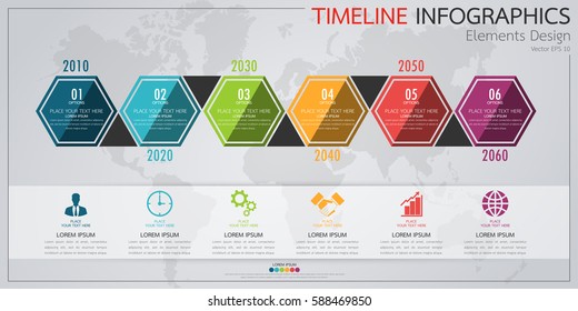 Infographic business horizontal timeline process chart template. Vector modern banner used for presentation and workflow layout diagram, web design. Abstract elements of graph 6 steps options.