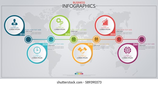 Infographic business horizontal timeline process chart template. Vector modern banner used for presentation and workflow layout diagram, web design. Abstract elements of graph 6 steps options.