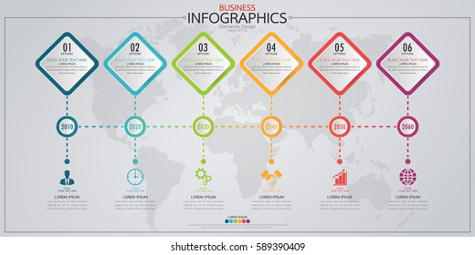 Infographic business horizontal timeline process chart template. Vector modern banner used for presentation and workflow layout diagram, web design. Abstract elements of graph 6 steps options.