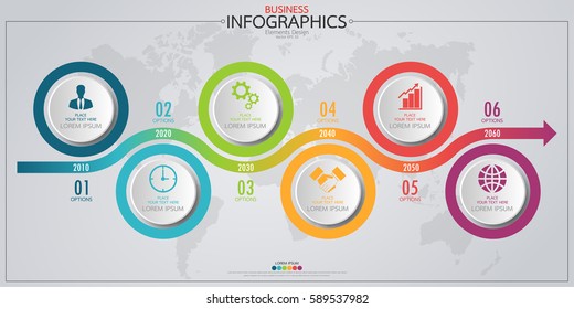 Infographic business horizontal timeline process chart template. Vector modern banner used for presentation and workflow layout diagram, web design. Abstract elements of graph 6 steps options.
