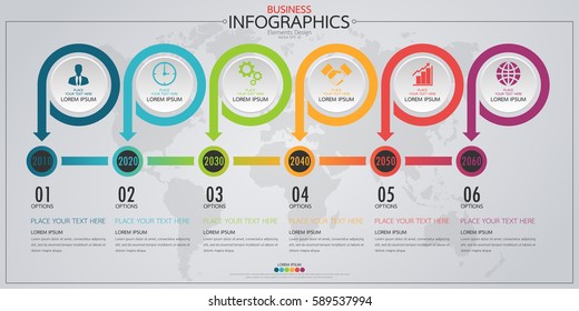 Infographic business horizontal timeline process chart template. Vector modern banner used for presentation and workflow layout diagram, web design. Abstract elements of graph 6 steps options.