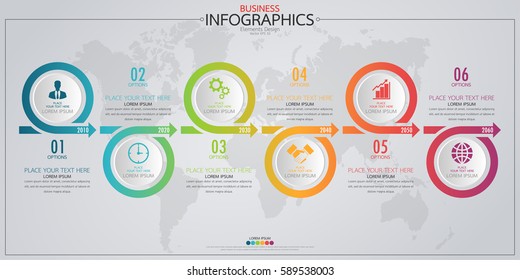Infographic business horizontal timeline process chart template. Vector modern banner used for presentation and workflow layout diagram, web design. Abstract elements of graph 6 steps options.