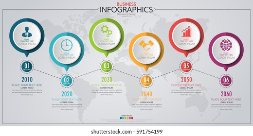 Infographic business horizontal timeline process chart template. Vector modern banner used for presentation and workflow layout diagram, web design. Abstract elements of graph 6 steps options.