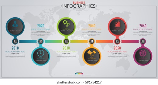 Infographic business horizontal timeline process chart template. Vector modern banner used for presentation and workflow layout diagram, web design. Abstract elements of graph 6 steps options.