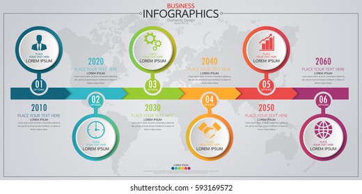 Infographic business horizontal timeline process chart template. Vector modern banner used for presentation and workflow layout diagram, web design. Abstract elements of graph 6 steps options.