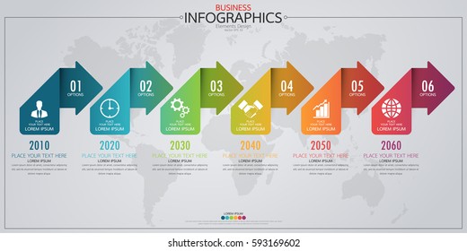 Infographic business horizontal timeline process chart template. Vector modern banner used for presentation and workflow layout diagram, web design. Abstract elements of graph 6 steps options.