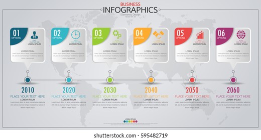 Infographic business horizontal timeline process chart template. Vector modern banner used for presentation and workflow layout diagram, web design. Abstract elements of graph 6 steps options.