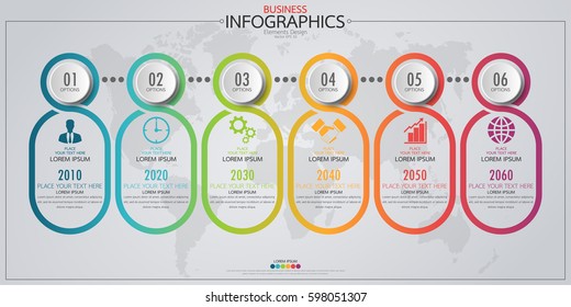 Infographic business horizontal timeline process chart template. Vector modern banner used for presentation and workflow layout diagram, web design. Abstract elements of graph 6 steps options.