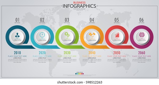 Infographic business horizontal timeline process chart template. Vector modern banner used for presentation and workflow layout diagram, web design. Abstract elements of graph 6 steps options.