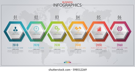 Infographic business horizontal timeline process chart template. Vector modern banner used for presentation and workflow layout diagram, web design. Abstract elements of graph 6 steps options.