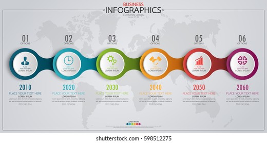 Infographic business horizontal timeline process chart template. Vector modern banner used for presentation and workflow layout diagram, web design. Abstract elements of graph 6 steps options.