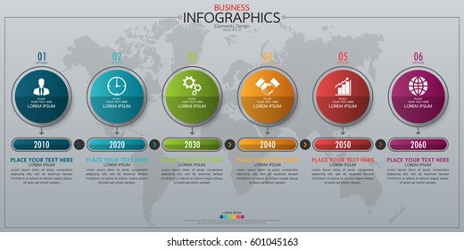 Infographic business horizontal timeline process chart template. Vector modern banner used for presentation and workflow layout diagram, web design. Abstract elements of graph 6 steps options.