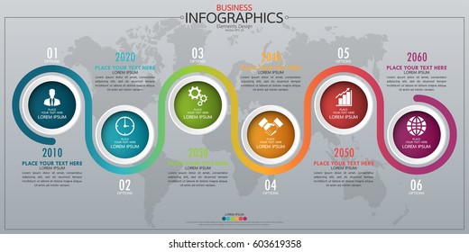 Infographic business horizontal timeline process chart template. Vector modern banner used for presentation and workflow layout diagram, web design. Abstract elements of graph 6 steps options.
