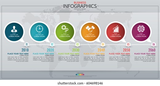 Infographic business horizontal timeline process chart template. Vector modern banner used for presentation and workflow layout diagram, web design. Abstract elements of graph 6 steps options.
