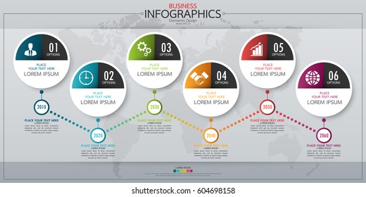 Infographic business horizontal timeline process chart template. Vector modern banner used for presentation and workflow layout diagram, web design. Abstract elements of graph 6 steps options.