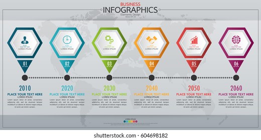 Infographic business horizontal timeline process chart template. Vector modern banner used for presentation and workflow layout diagram, web design. Abstract elements of graph 6 steps options.