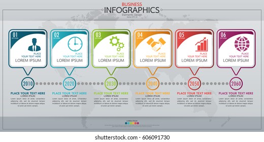 Infographic business horizontal timeline process chart template. Vector modern banner used for presentation and workflow layout diagram, web design. Abstract elements of graph 6 steps options.