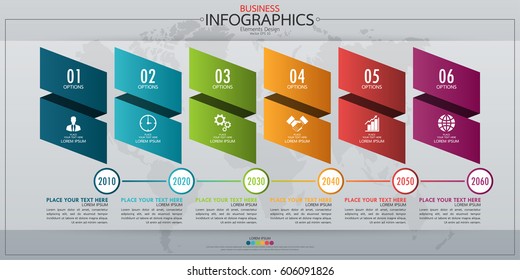 Infographic business horizontal timeline process chart template. Vector modern banner used for presentation and workflow layout diagram, web design. Abstract elements of graph 6 steps options.
