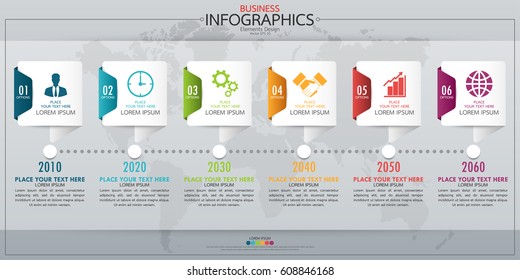 Infographic business horizontal timeline process chart template. Vector modern banner used for presentation and workflow layout diagram, web design. Abstract elements of graph 6 steps options.