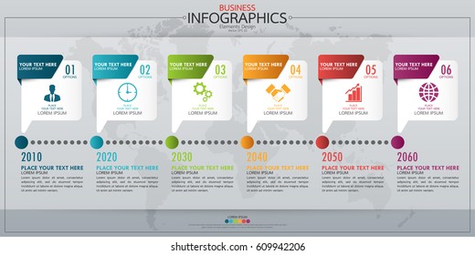 Infographic business horizontal timeline process chart template. Vector modern banner used for presentation and workflow layout diagram, web design. Abstract elements of graph 6 steps options.