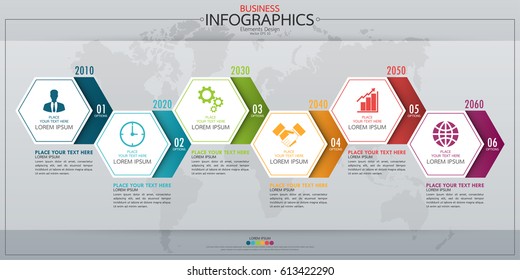 Infographic business horizontal timeline process chart template. Vector modern banner used for presentation and workflow layout diagram, web design. Abstract elements of graph 6 steps options.