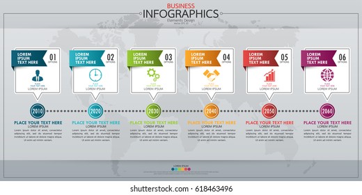 Infographic business horizontal timeline process chart template. Vector modern banner used for presentation and workflow layout diagram, web design. Abstract elements of graph 6 steps options.