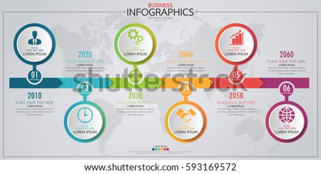 Infographic business horizontal timeline process chart template. Vector modern banner used for presentation and workflow layout diagram, web design. Abstract elements of graph 6 steps options.
