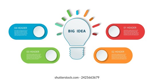Idea de negocios de infografía. Ideas de pensamiento, cerebro, concepto de innovación. Bombilla brillante. Diseño de plantilla de vector de color 4 pasos.