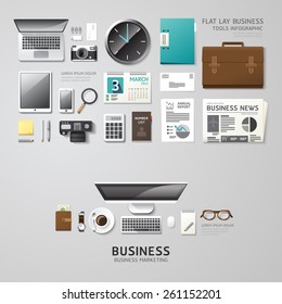 Infographic Business Office Tools Flat Lay Idea. Vector Illustration Hipster Concept. Can Be Used For Layout, Advertising And Web Design.