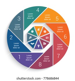 Infographic Business Pie chart  vector design template for 8 options, steps, parts, workflow.