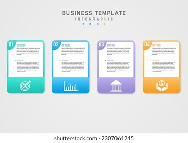Infographic Business Planning Options multi color square simple template White icon below, upper left corner numbers, center letters on white background, gray gradient background.