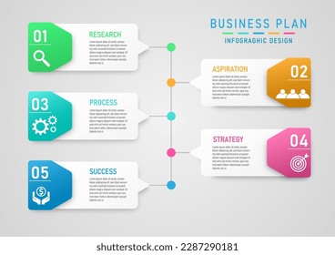 infographic business planning strategy growth to success bright multi colored squares with circle lines and gray gradient background icons design for marketing, investment, product, finance