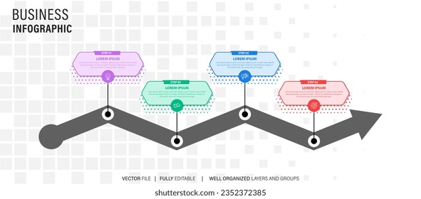 Presentación de negocios de Infografía 4 opciones para el objetivo. Flechas Infográficas. Estrategia, marketing, informe. Ilustración vectorial.
