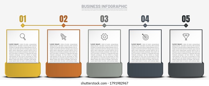 Presentación de negocios de infografía con plantilla de 5 opciones. Infografía empresarial con iconos de marketing. Concepto de proceso de planificación de marketing.