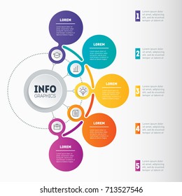 Infographic Or Business Presentation With 5 Options. Vector Dynamic Infographics Or Mind Map Of Technology Or Education Process With 5 Steps. Web Template Of A Chart, Mindmap Or Diagram