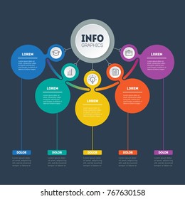 Infographic or Business presentation with 5 options. Web Template of a chart, mindmap or diagram with 5 steps. Vector infographics or mind map of technology or education process on dark background