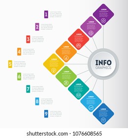 Infographic or Business presentation with 9 options. Vector dynamic infographics or mind map of technology or education process with 9 steps. Web Template of a chart, mindmap or diagram.