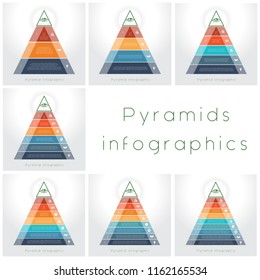 Templateі Infographic business process colorful pyramids for text area on 3, 4, 5, 6, 7, 8, 9 positions