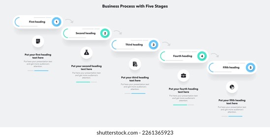Infografía para procesos de negocios con cinco etapas. Plantilla plana simple para visualización de datos.