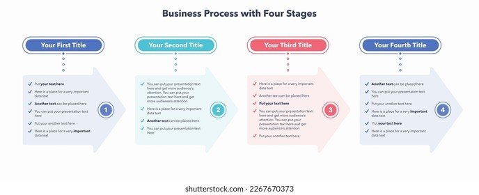 Infographic for business process with four colorful stages. Flat template with four arrows and place for your content.